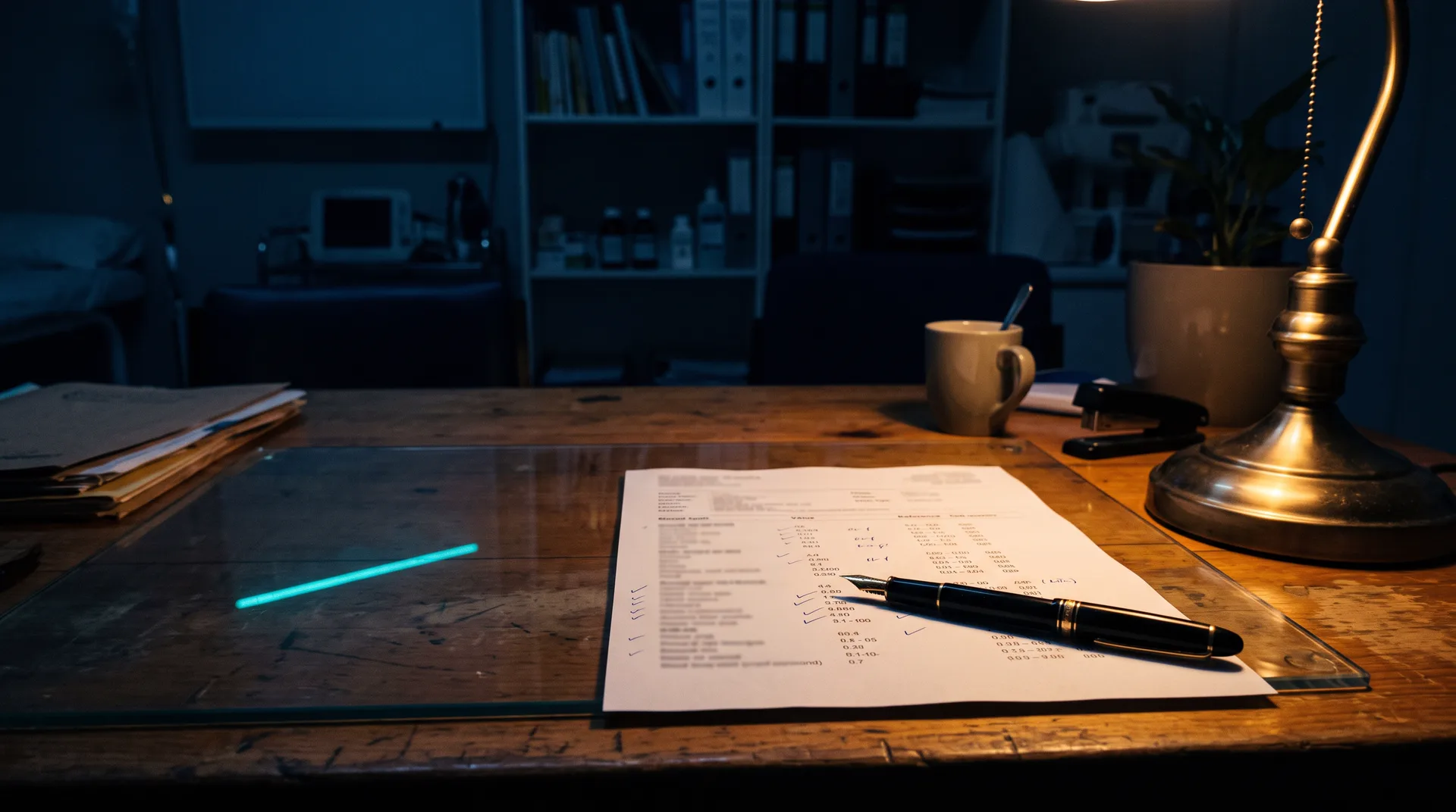 A practitioner's desk with printed results under a warm lamp