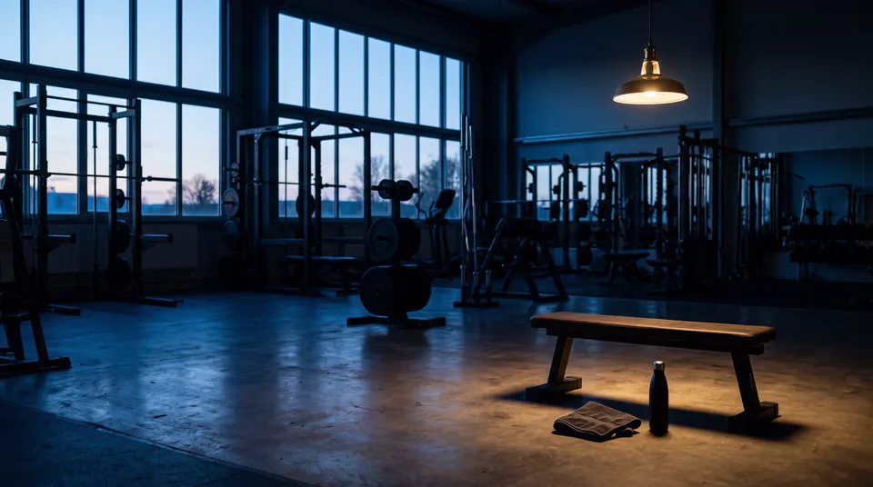 A quiet gym at dawn, before the first session